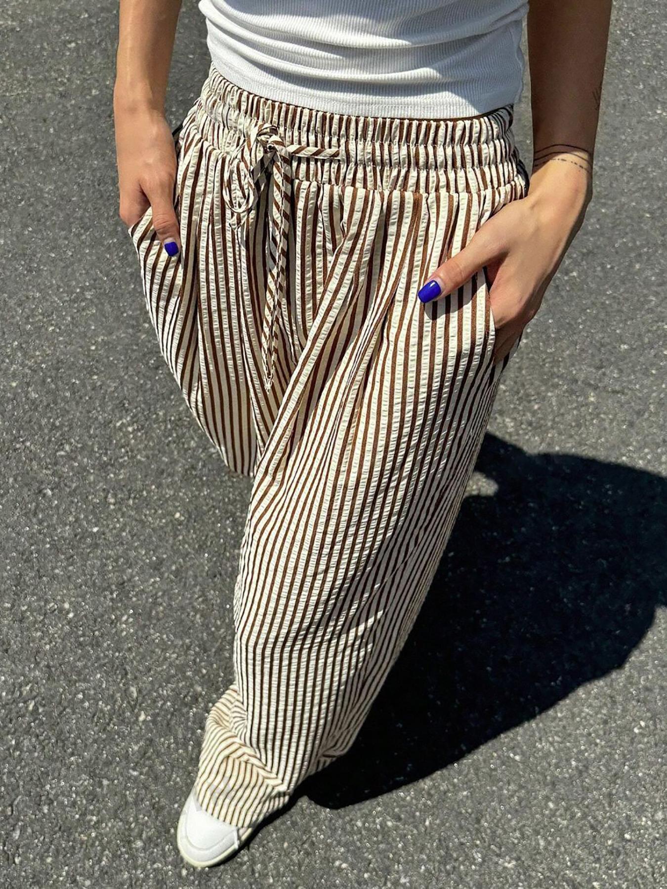 Women Casual Drawstring Elastic Waist Striped Wide Leg Pants with Pockets - Seldom Seen Styles