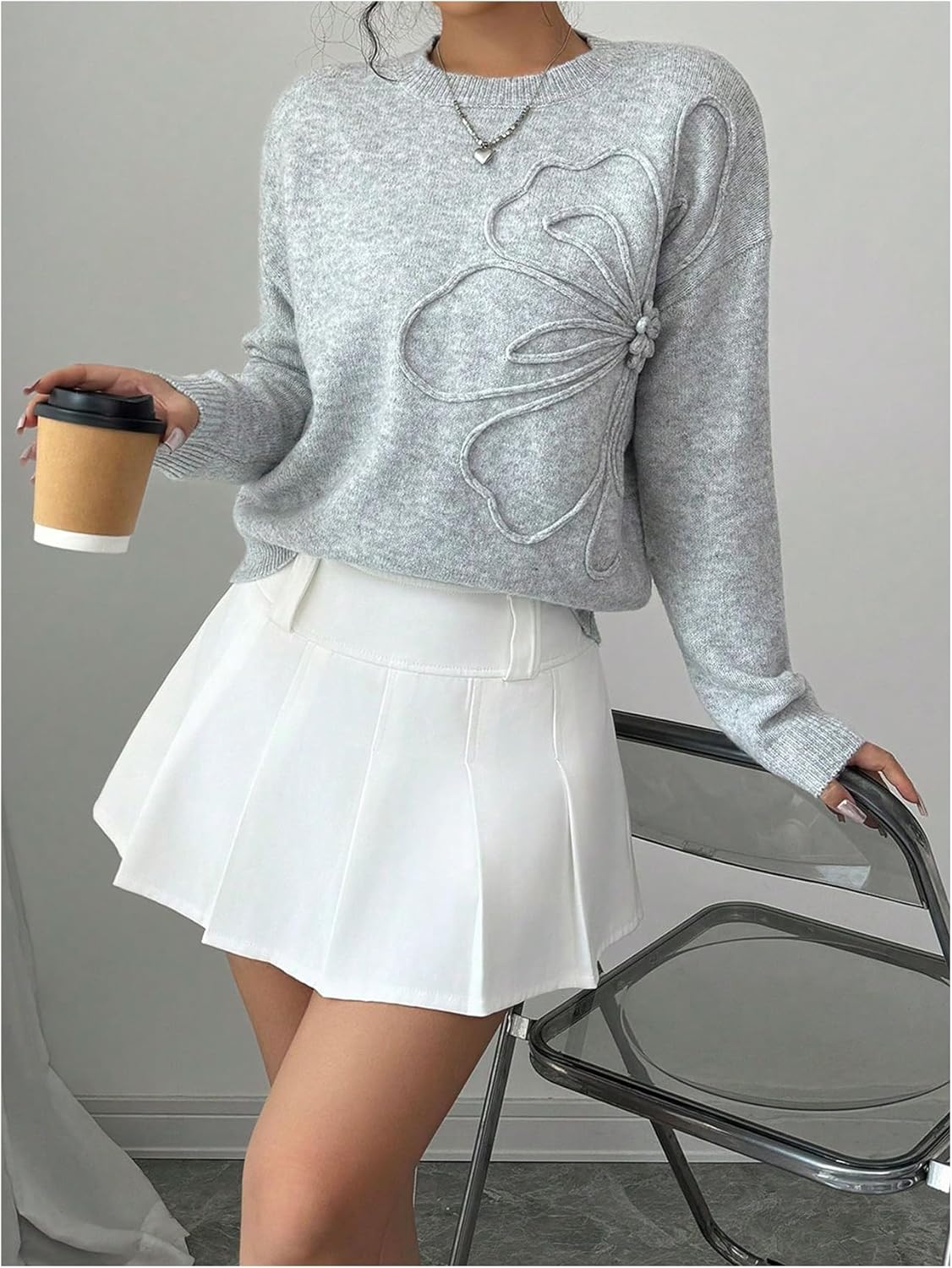 Women's 3D Floral Appliques Crewneck Sweaters Long Sleeve Drop Shoulder Pullovers Elegant Knit Tops - Seldom Seen Styles