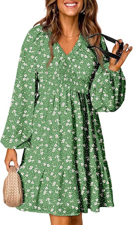 Womens Dresses 2025 Boho Floral V Neck Long Sleeve Smocked Elastic Waist Casual A-Line Swing Mini Dress Sundress