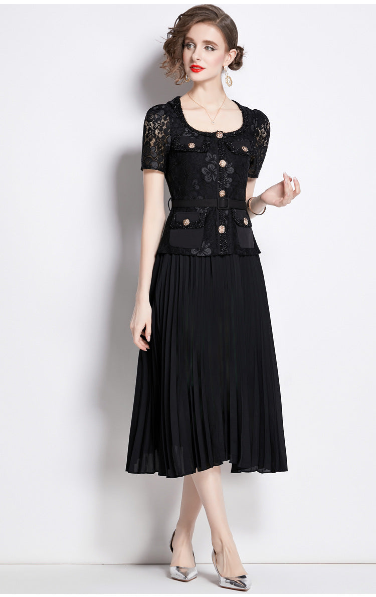 Bella Lace Patchwork Pleated Midi Dress  Patchwork Mid-Length Pleated Dress