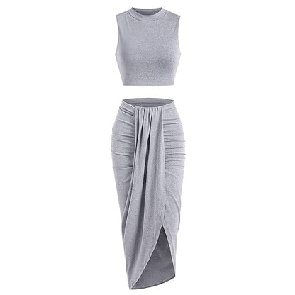 Women's Solid Crop Tank Top & Ruched Asymmetrical Hem Split Skirt Set, Chic Casual Mock Neck Sleeveless Top & High Waist Wrap Skirt, Womenswear Outfit - Seldom Seen Styles