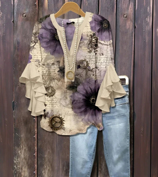 Retro Floral Print Layered Ruffle Sleeve Top Going Outfits Blouses Women Vintage 90s Tops Funny Shirts Women Elegant Classy Tops cute summer outfit