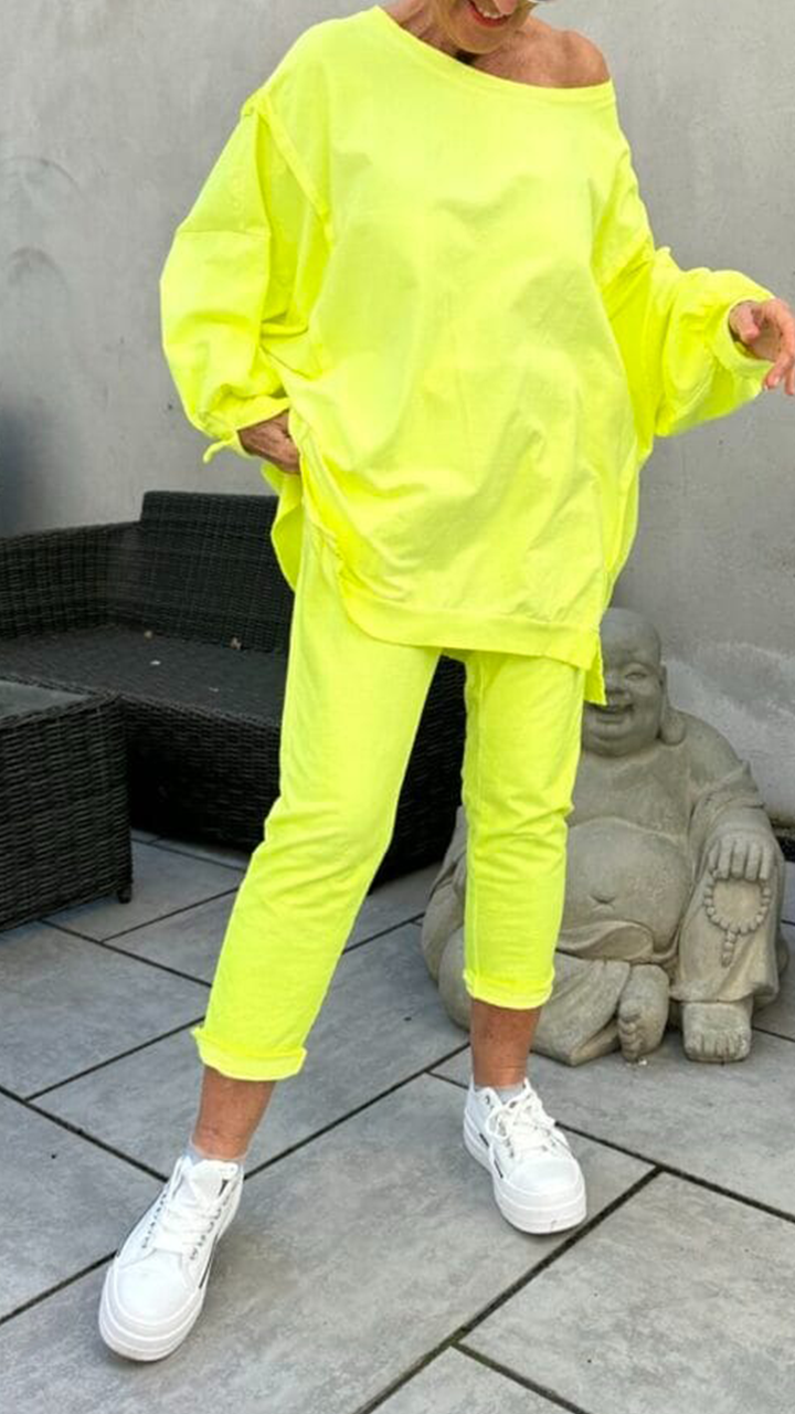 Women's Round Neck Slit Fluorescent Color Casual Suit - Seldom Seen Styles
