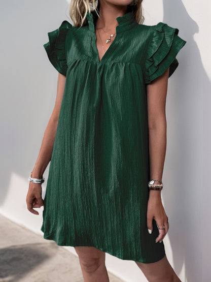 Women's Cap Sleeve Ruffle Trim Mini Dress Ruched Notched Neck Casual Basic Straight Dresses