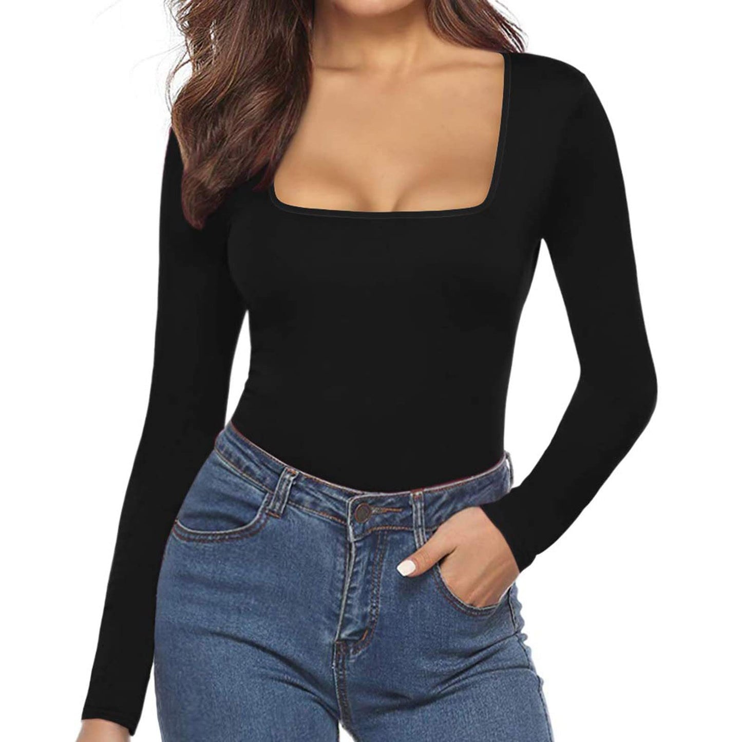 Women's Sexy Square Neck Bodysuit Long Sleeve Double Lined Shirt Tops