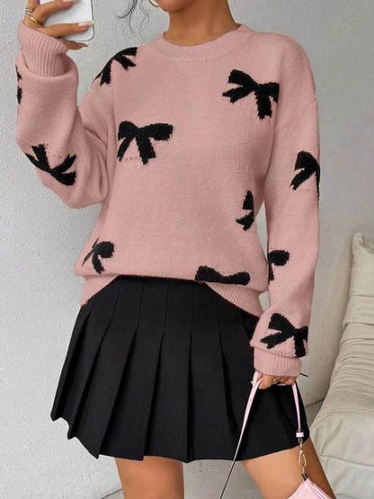 Fashion Bow Print Casual Loose Knitted Sweater Pullover Autumn/Winter Women Pullovers New Full Sleeve Knitwear - Seldom Seen Styles