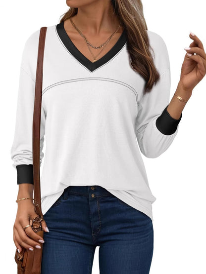 Women Blouses Dressy Casual Long Sleeve Shirts V Neck Color Block Tops Fall Outfits 2025 - Seldom Seen Styles
