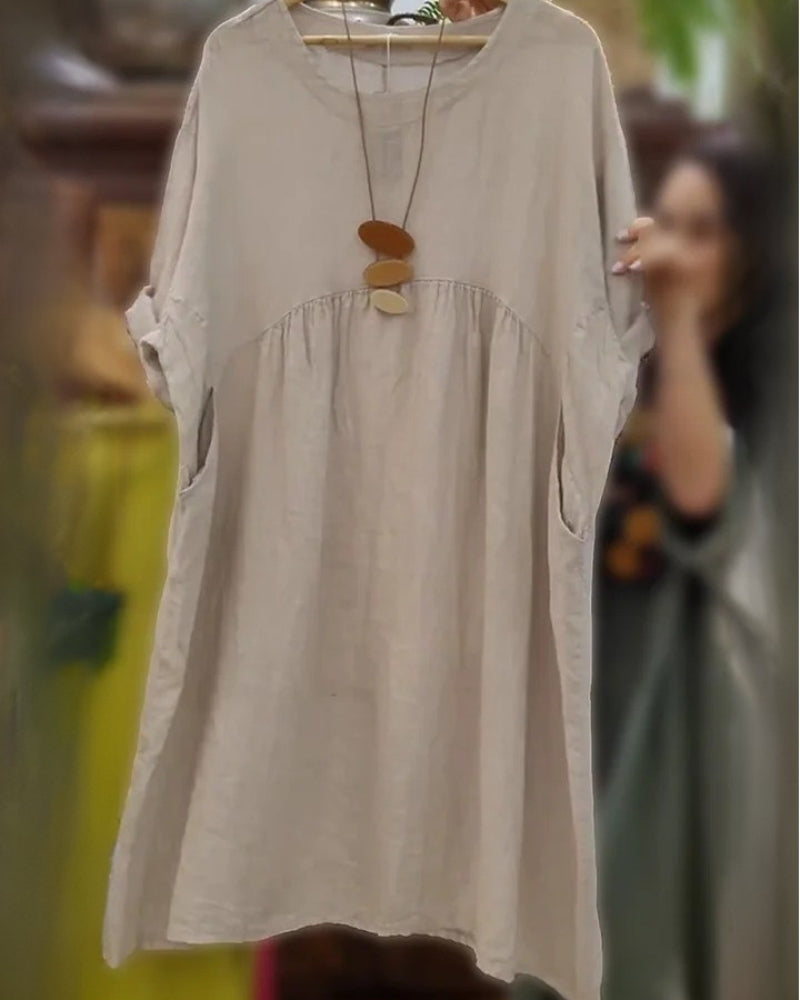 Casual Linen Kaftan Dresses for Women Plus Size Crewneck 3/4 Sleeve Solid Loose Flowy Tunic Dress with Pockets - Seldom Seen Styles