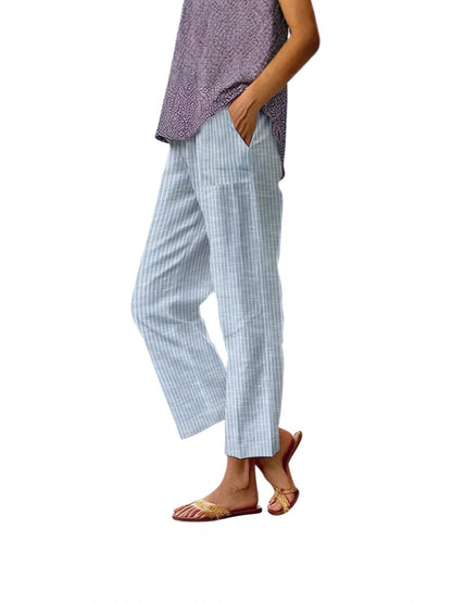 Women's Linen Pants, Side Stripe, Elastic Waist, Straight Leg, Summer Beach Vacation - Seldom Seen Styles