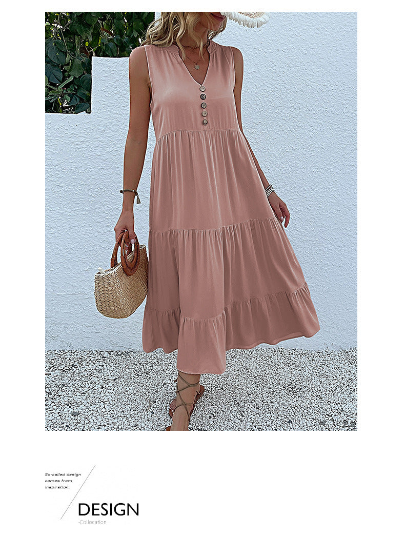 Summer Flowy Maxi Dress with Pockets Sleeveless Loose Casual Sundress V-Neck Tiered Sun Dress for Beach Cruise Vacations