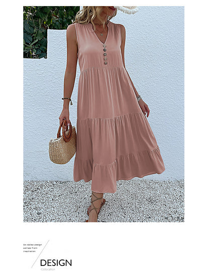 Summer Flowy Maxi Dress with Pockets Sleeveless Loose Casual Sundress V-Neck Tiered Sun Dress for Beach Cruise Vacations