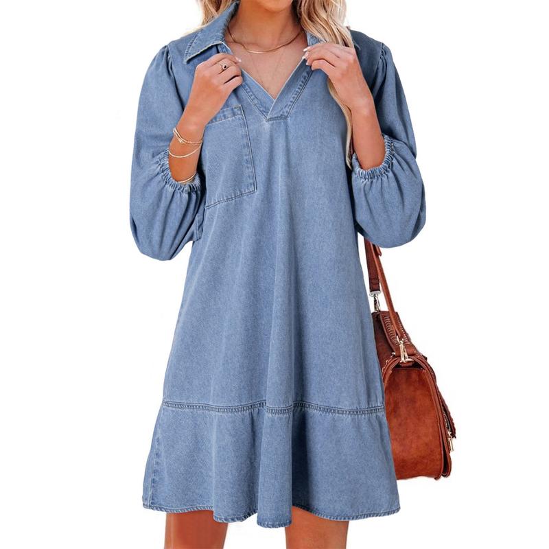Denim Dress for Women Fashion Fall Casual Babydoll 2025 V Neck 3/4 Puff Sleeve Jean Dresses - Seldom Seen Styles