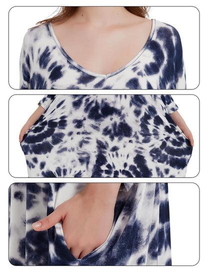 Plus Size Nightgown for Women V-Neck Sleep  Dress Pjs Lounge Short Sleeves Sleepwear With Pocket Fit S-5XL Pajamas Elastic Loungewear Breathable Fabric - Seldom Seen Styles