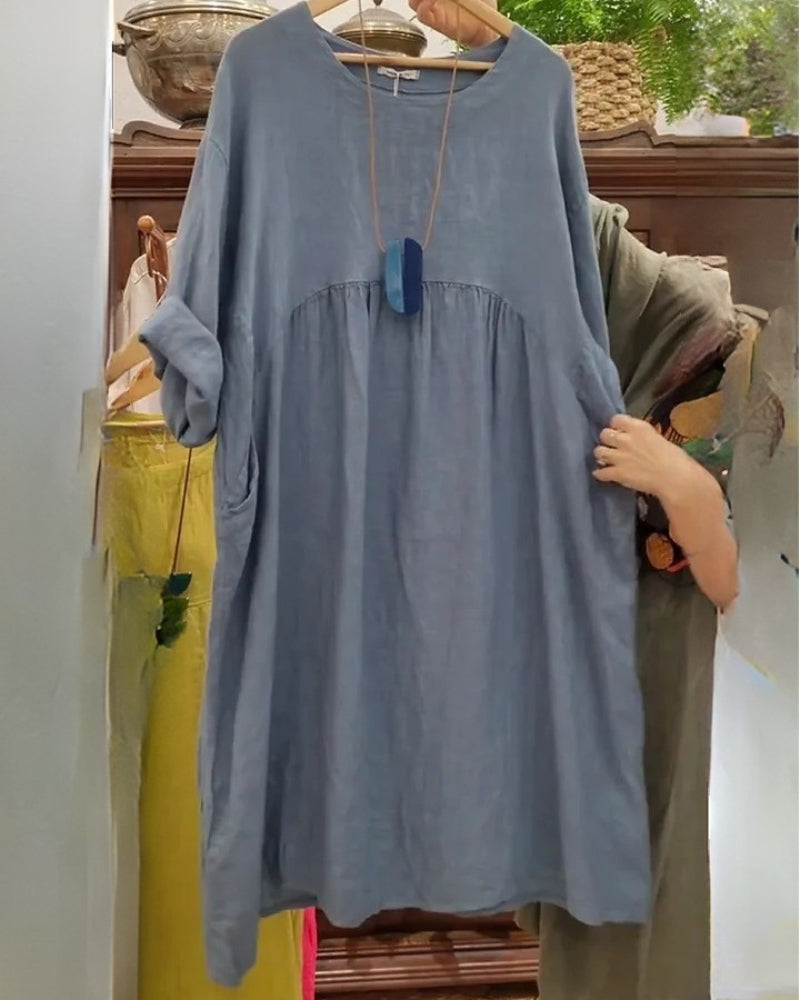 Casual Linen Kaftan Dresses for Women Plus Size Crewneck 3/4 Sleeve Solid Loose Flowy Tunic Dress with Pockets - Seldom Seen Styles