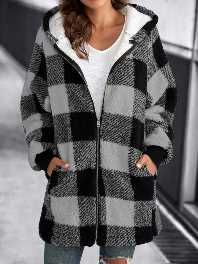 Women Oversized Hoodie Plaid Loose Overcoat - Seldom Seen Styles