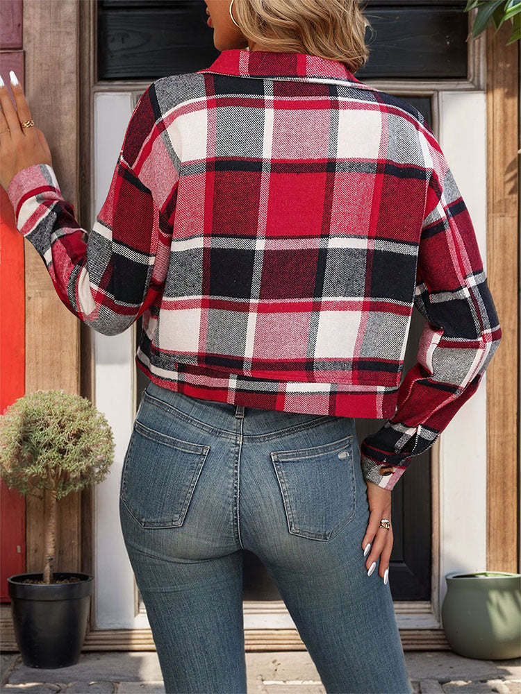 Women's Flannel Cropped Plaid Shacket Jacket Button Down Long Sleeve Shirts Tops