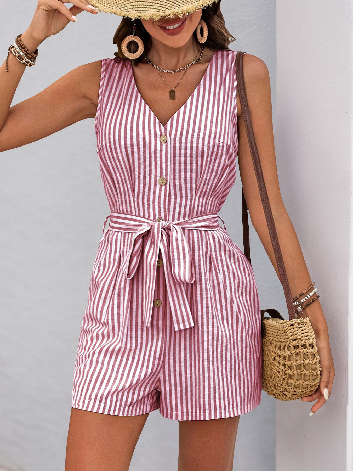 Women's Romper Woven V Neck Sleeveless Waist Tie Wide Leg Stripes Belted Jumpsuit Outfit Casual Dressy