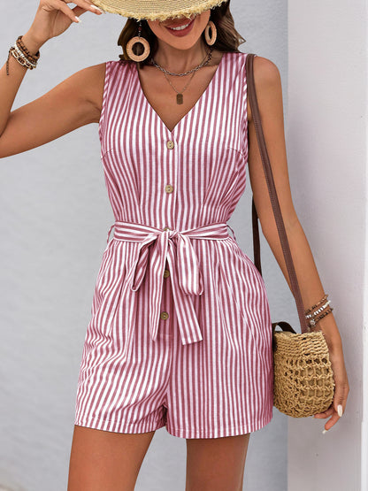 Women's Romper Woven V Neck Sleeveless Waist Tie Wide Leg Stripes Belted Jumpsuit Outfit Casual Dressy