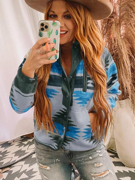 Women's Geometric Print Pocket Button Front Zipper Stand Collar Polar Fleece Jacket, Casual Long Sleeve Outerwear For Fall & Winter, Women's Clothes For Daily Wear - Seldom Seen Styles