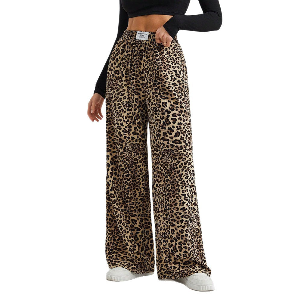 Women's Letter Leopard Print Straight Leg Pants Elastic Waist Y2K Trousers Bottoms with Pockets - Seldom Seen Styles