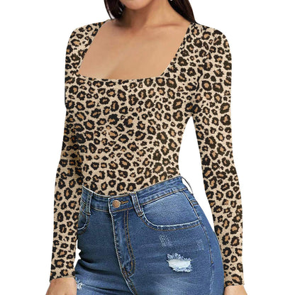 Women's Sexy Square Neck Bodysuit Long Sleeve Double Lined Shirt Tops