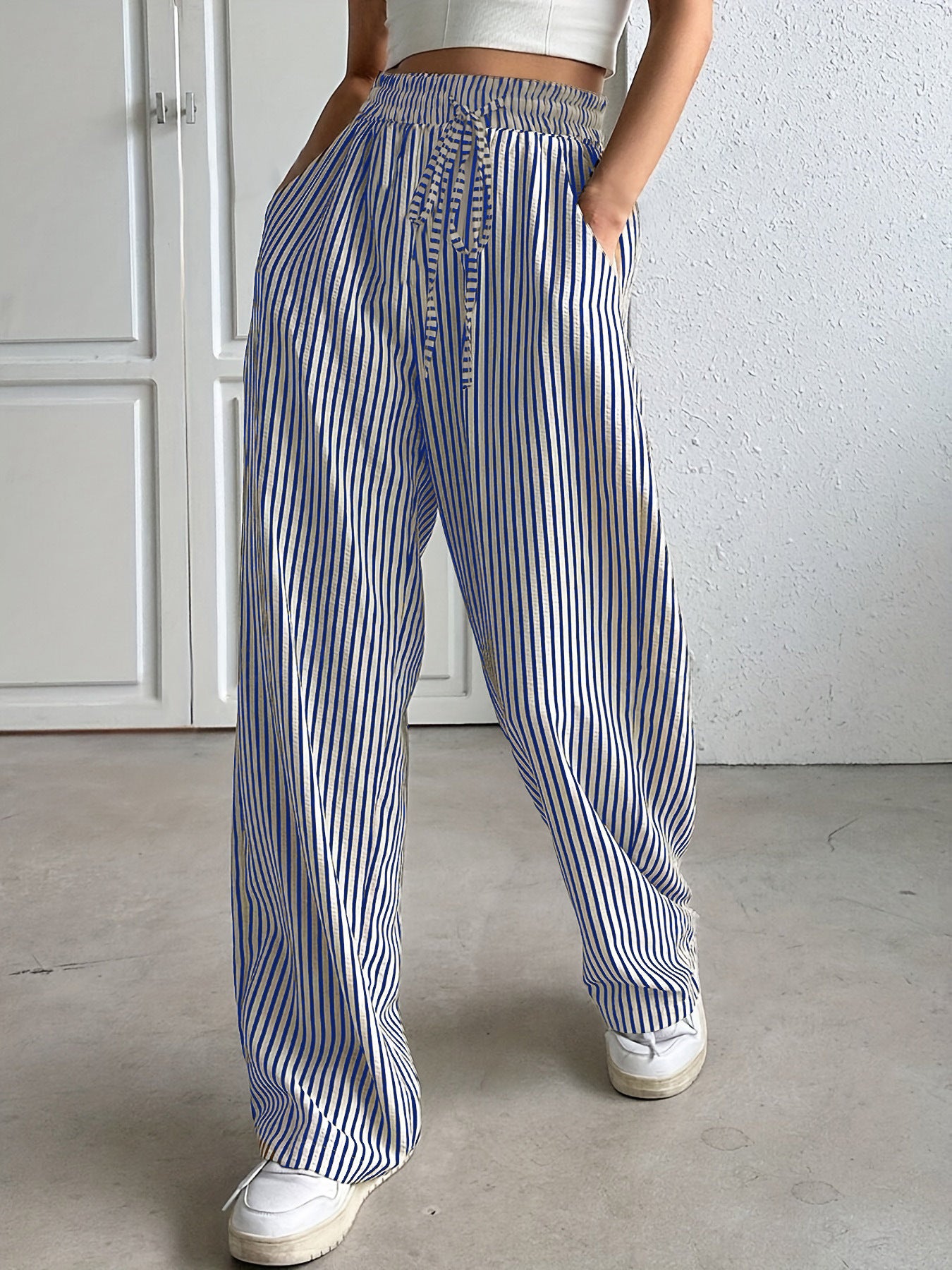 Women's Casual Striped Wide Leg Pants Drawstring Elastic Waist Dress Palazzo Pants with Pockets - Seldom Seen Styles
