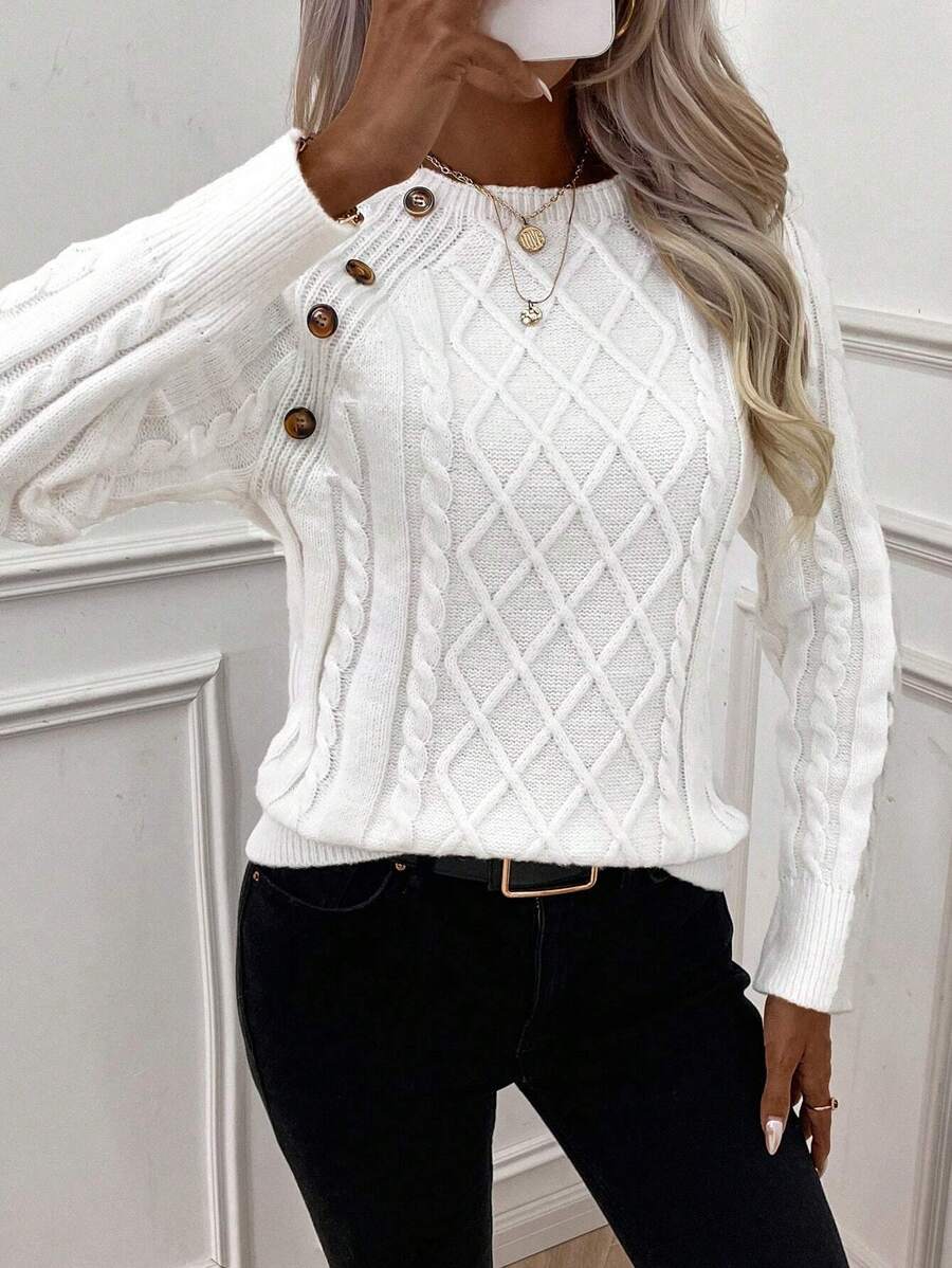 Clara – Button-Detail Cable Knit Sweater - Seldom Seen Styles