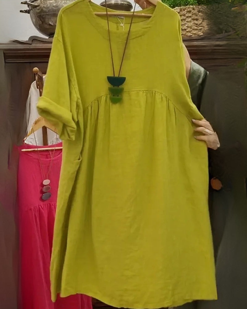 Casual Linen Kaftan Dresses for Women Plus Size Crewneck 3/4 Sleeve Solid Loose Flowy Tunic Dress with Pockets - Seldom Seen Styles