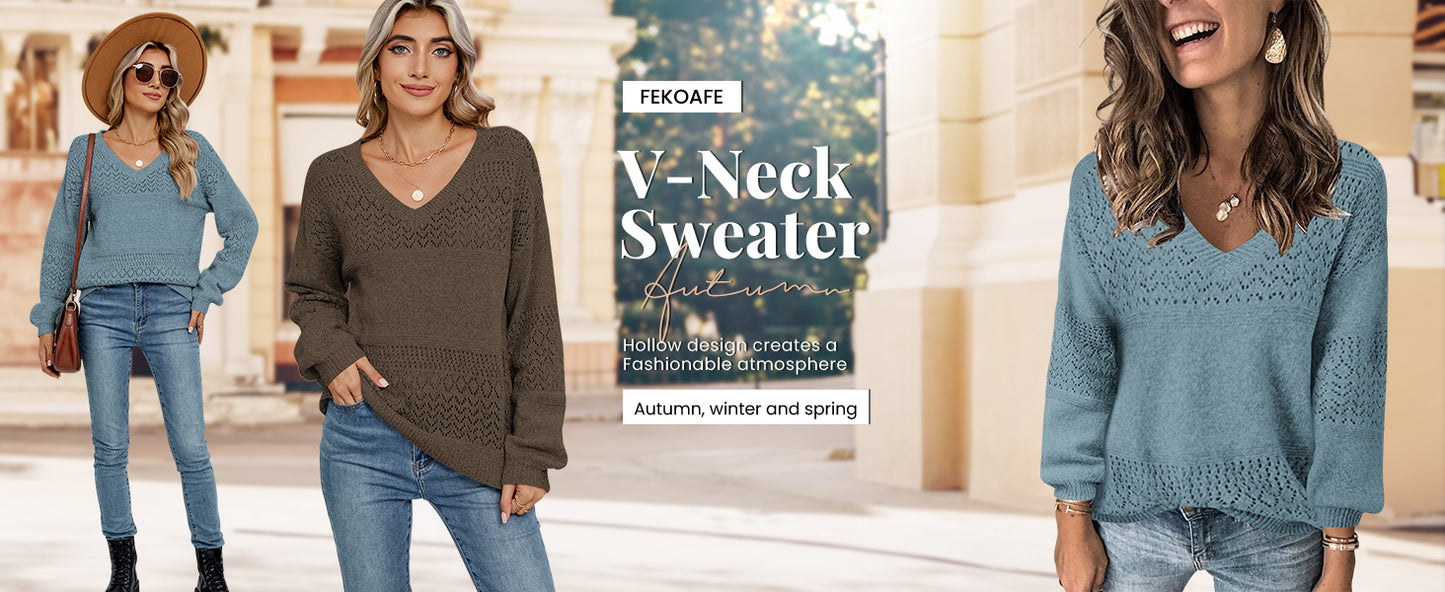 Womens Sweaters 2025 Fall V Neck Long Sleeve Hollow Knit Pullover Sweaters for Women