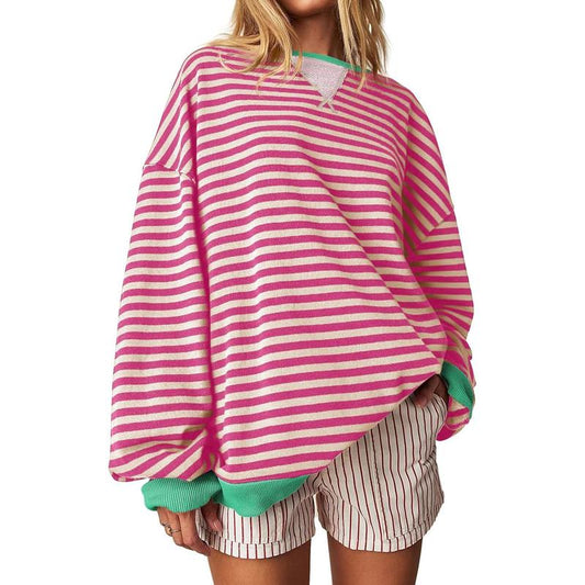 【Up To 3XL】Fisace Christmas Womenswear Striped Oversized Sweatshirt Color Block Crew Neck Long Sleeve Shirt Casual Loose Pullover Top Y2K Clothes back to school - Seldom Seen Styles