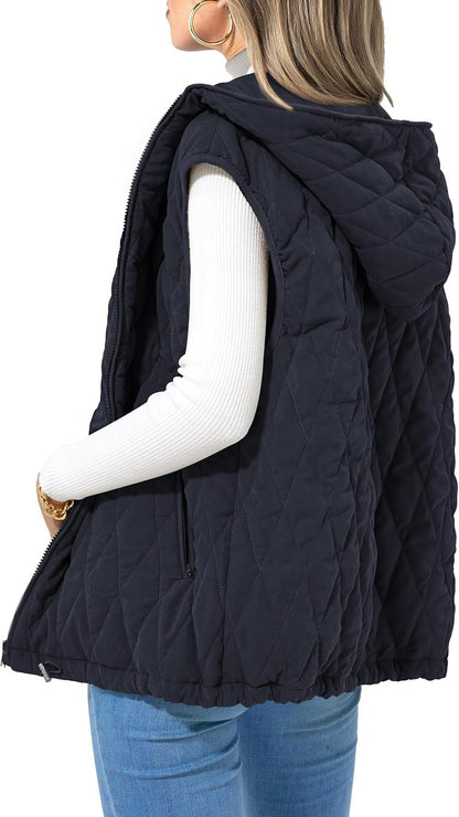Women's Quilted Vest Casual Sleeveless Hooded Zip Up Diamond pattern Jacket With Pockets Winter Coat Outerwear Minimalist Top