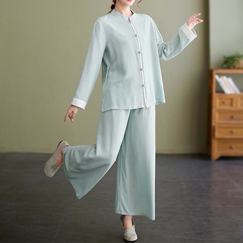 Buddha Stones 2Pcs Tang Suit Long Sleeve Shirt Top Pants Meditation Zen Tai Chi Cotton Linen Clothing Women's Set - image 16