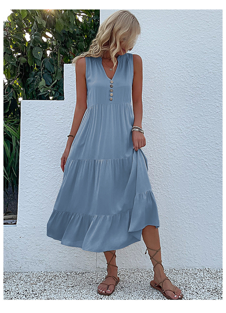 Summer Flowy Maxi Dress with Pockets Sleeveless Loose Casual Sundress V-Neck Tiered Sun Dress for Beach Cruise Vacations