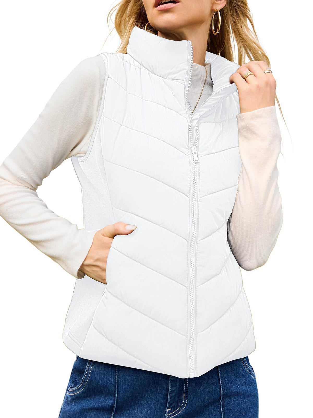 Puffer Vest Women Sleeveless Zip Up Outerwear Stand Collar Quilted Vest Warm Winter Jackets Coats with Pocket