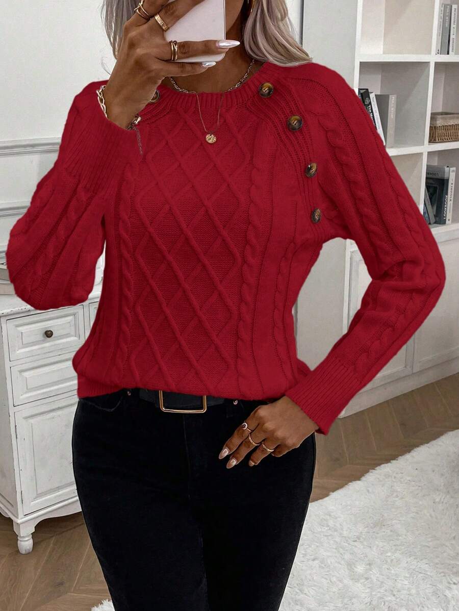 Clara – Button-Detail Cable Knit Sweater - Seldom Seen Styles