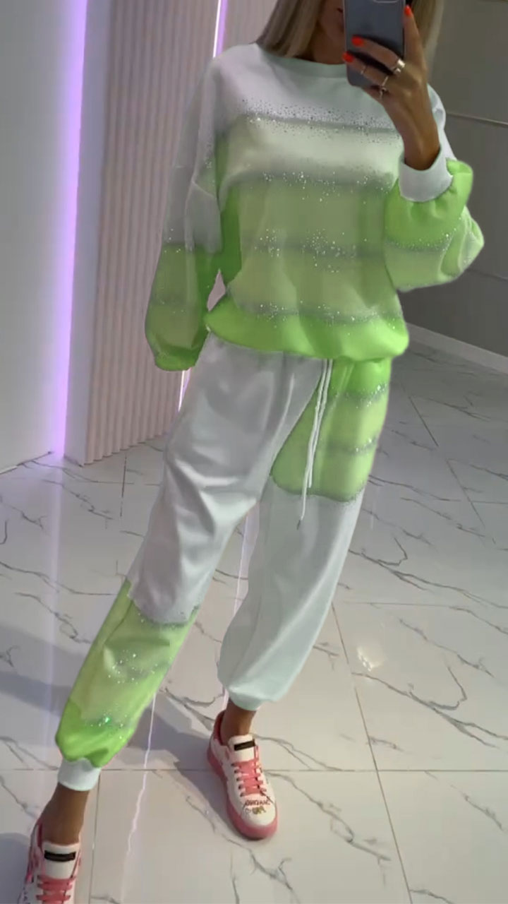 Women's Round Neck Contrast Color Hot Diamond Fashion Suit - Seldom Seen Styles