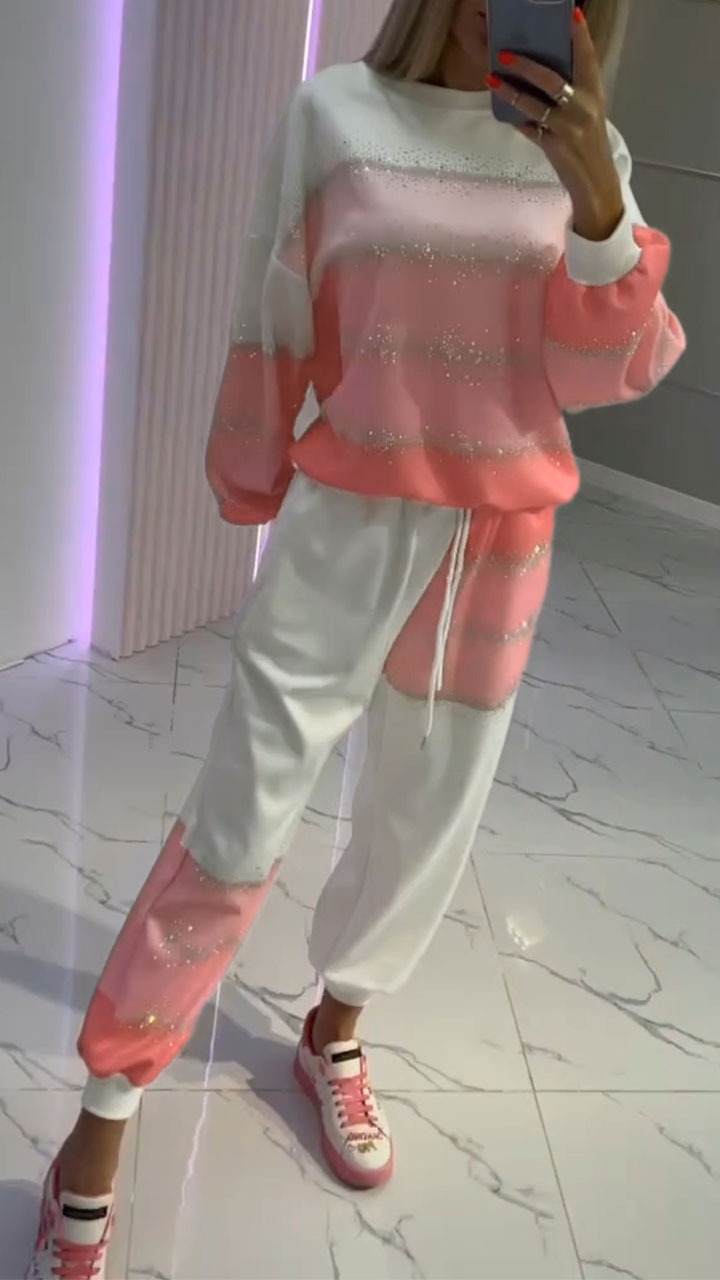 Women's Round Neck Contrast Color Hot Diamond Fashion Suit - Seldom Seen Styles