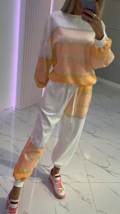 Women's Round Neck Contrast Color Hot Diamond Fashion Suit - Seldom Seen Styles