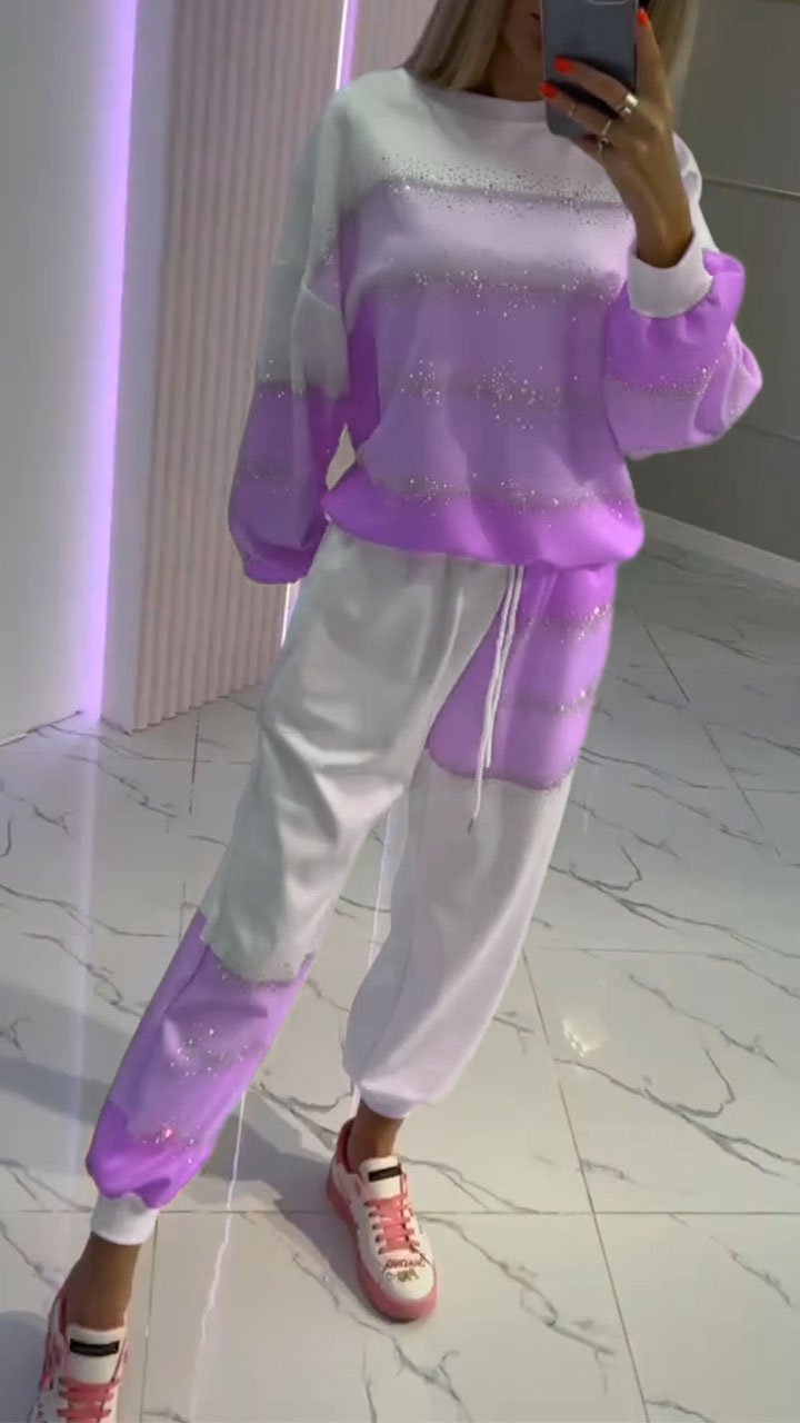 Women's Round Neck Contrast Color Hot Diamond Fashion Suit - Seldom Seen Styles