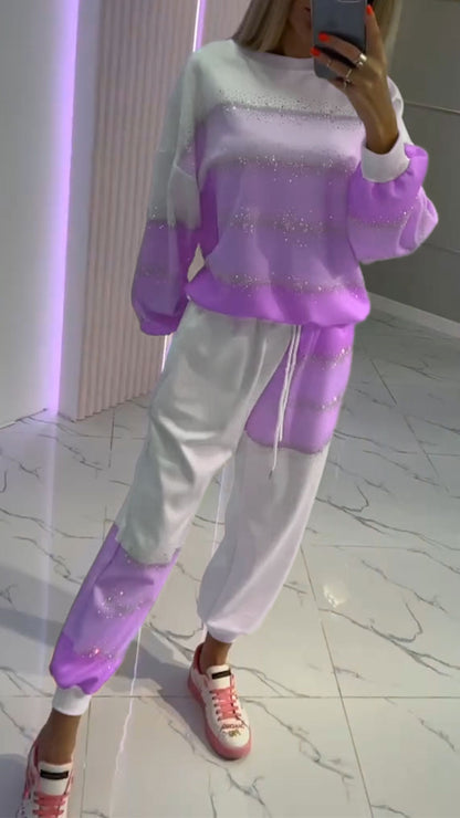 Women's Round Neck Contrast Color Hot Diamond Fashion Suit - Seldom Seen Styles