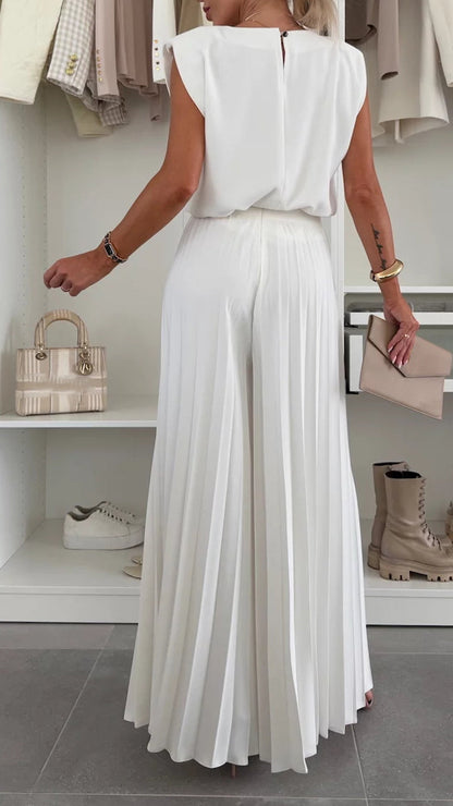 Women's Round Neck Sleeveless Top + Pleated Wide-leg Pants Casual Suit - Seldom Seen Styles