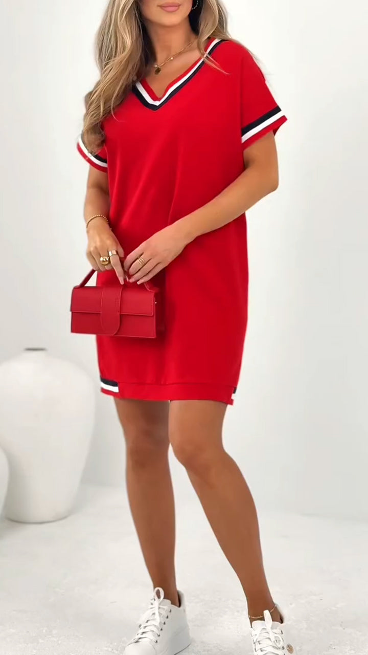 Women's V-neck Contrasting Edge Casual Dress - Seldom Seen Styles