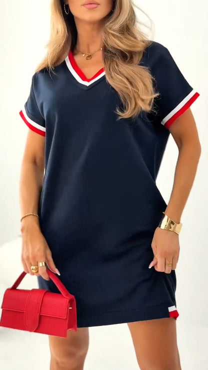Women's V-neck Contrasting Edge Casual Dress - Seldom Seen Styles