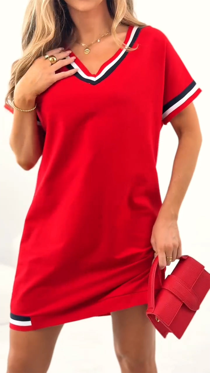 Women's V-neck Contrasting Edge Casual Dress - Seldom Seen Styles
