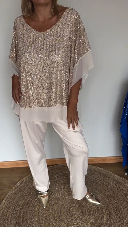 Women's Round Neck Sequined Bat Sleeve Casual Suit - Seldom Seen Styles