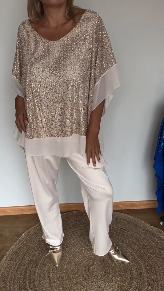 Women's Round Neck Sequined Bat Sleeve Casual Suit - Seldom Seen Styles