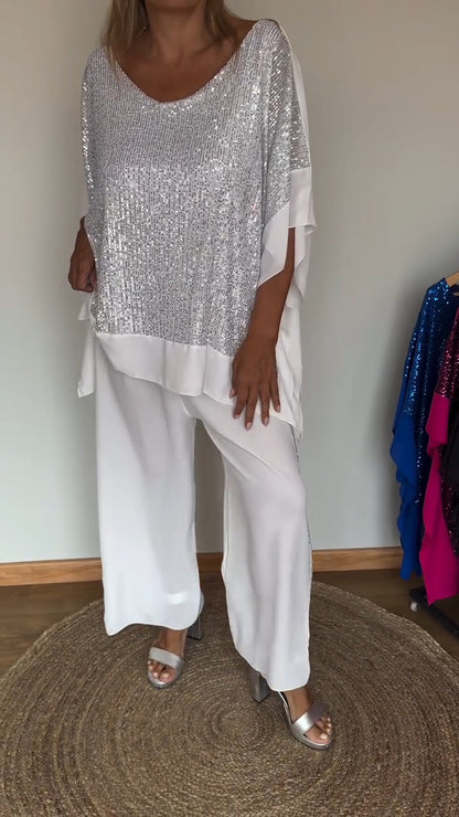 Women's Round Neck Sequined Bat Sleeve Casual Suit - Seldom Seen Styles