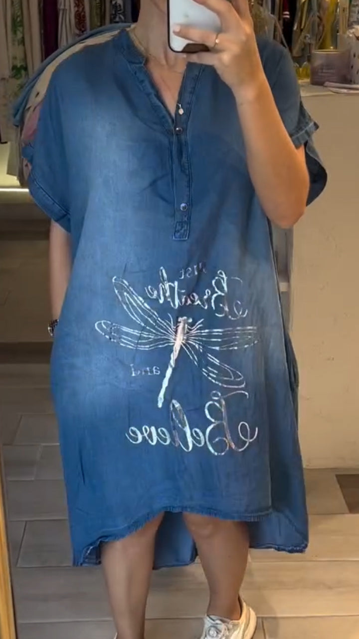 Women's V-neck Half-open Collar Button Denim Casual Dress - Seldom Seen Styles