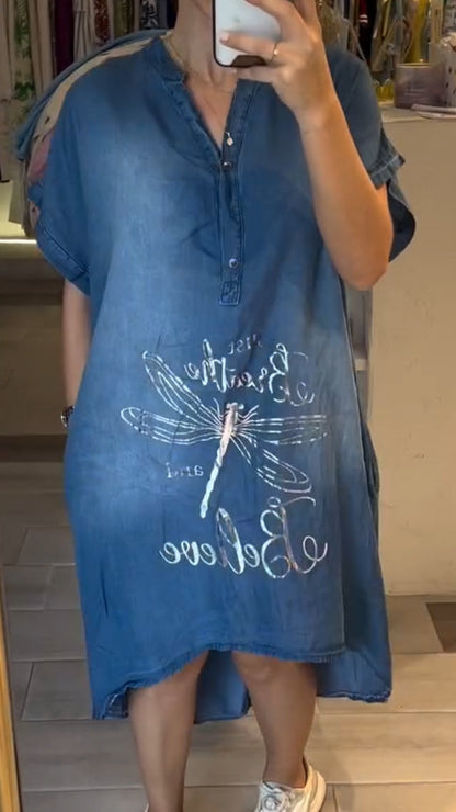 Women's V-neck Half-open Collar Button Denim Casual Dress - Seldom Seen Styles