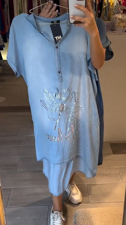 Women's V-neck Half-open Collar Button Denim Casual Dress - Seldom Seen Styles